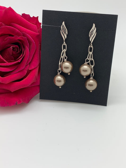 Glass pearls on sterling silver chain on posts earrings