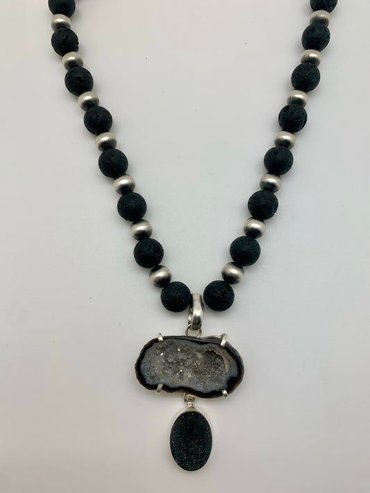 Lava rock with Navajo pearls and druzy pendant