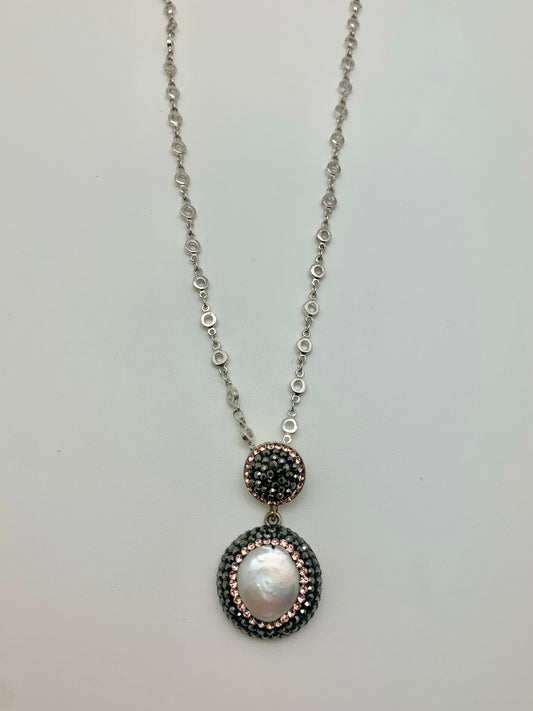 Crystal encrusted pearl on silver plated chain