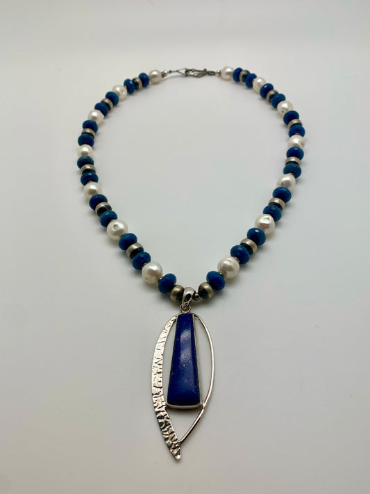 Faceted lapis with pearl, Navajo pearl and lapis pendant