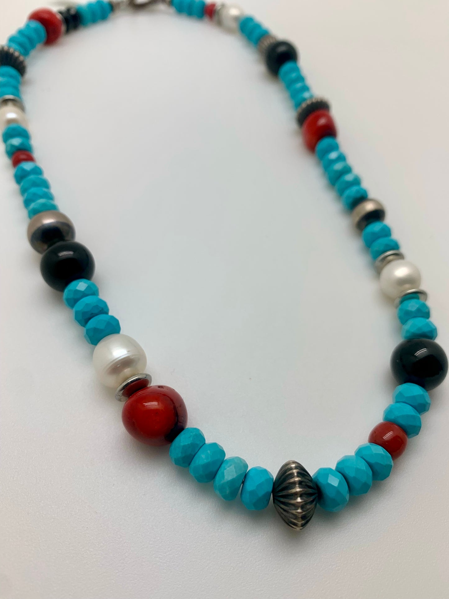 Turquoise with Navajo pearls, onyx and pearl beads