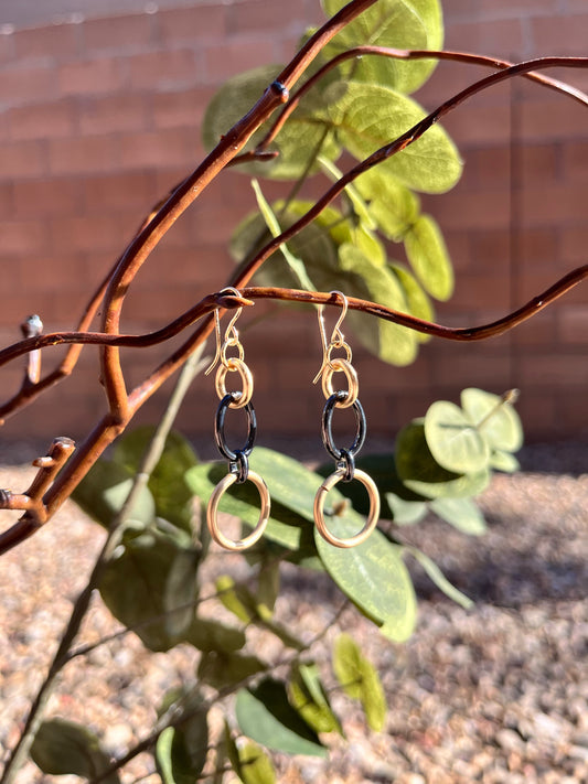 Gun Metal and gold 3 ring earrings
