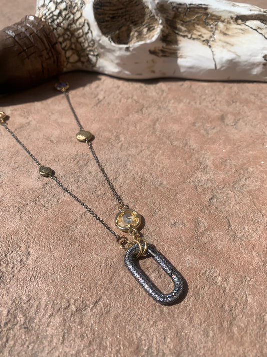 Mini gunmetal carabiner on gunmetal chain with multi colored stones