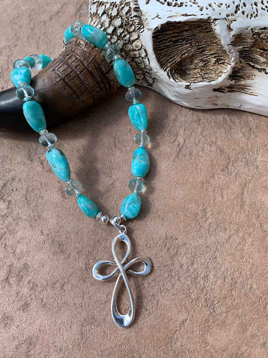 Amazonite with faceted crystals and sterling silver cross