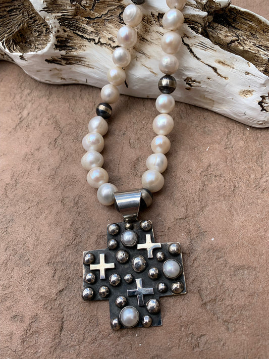 Pearls with Navajo Pearls and silver cross pendant