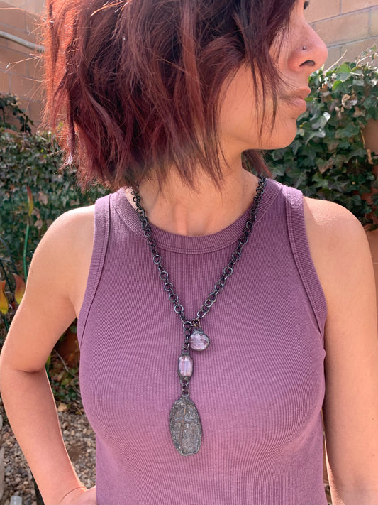 Gunmetal chain with crystals and cross