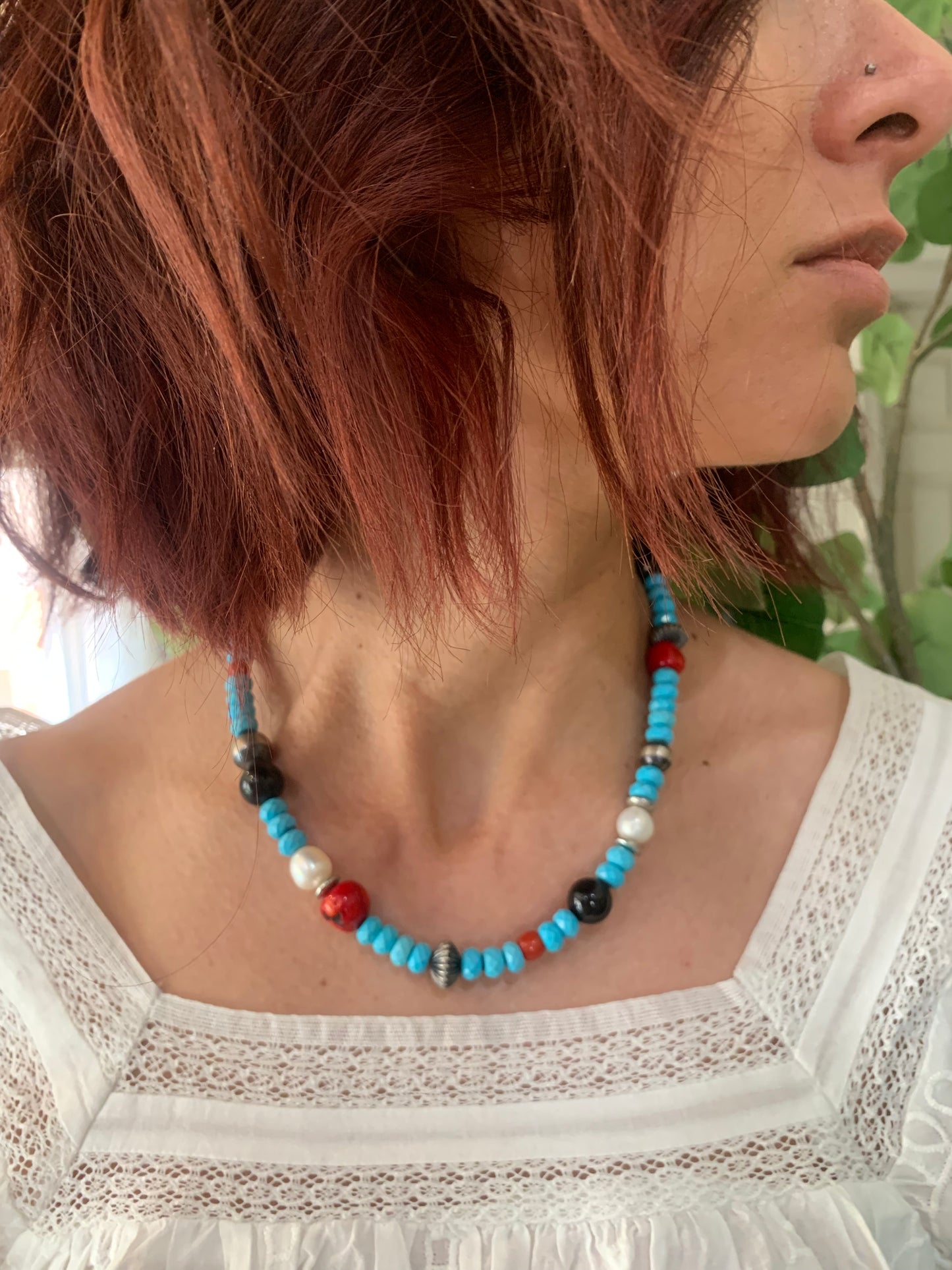 Turquoise with Navajo pearls, onyx and pearl beads