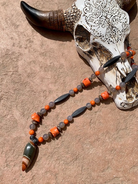Coral with agate and Ethiopian beads