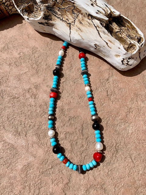 Turquoise with Navajo pearls, onyx and pearl beads